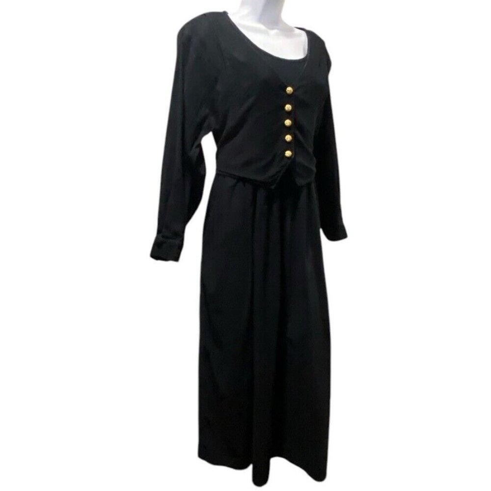 Vintage 80s Dress M Corduroy Attached Vest Midi Black Fit‎ Flare Prairie Fairy